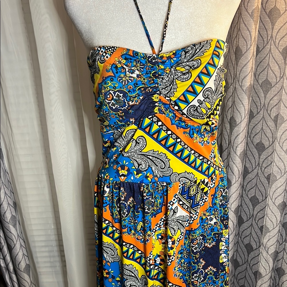 Fashion Bug Strapless Dress with Orange and Blue Patterns
